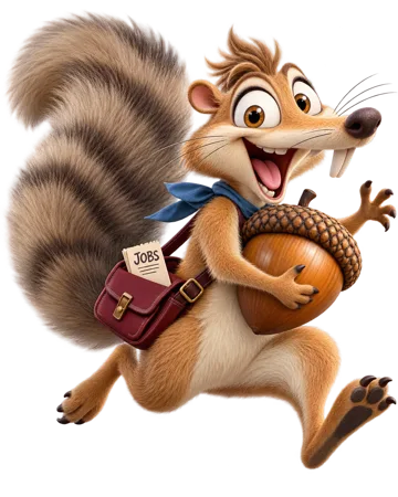 La mascotte de la Scrat Compagnie, un écureuil qui court avec son gland et sa sacoche à offres
